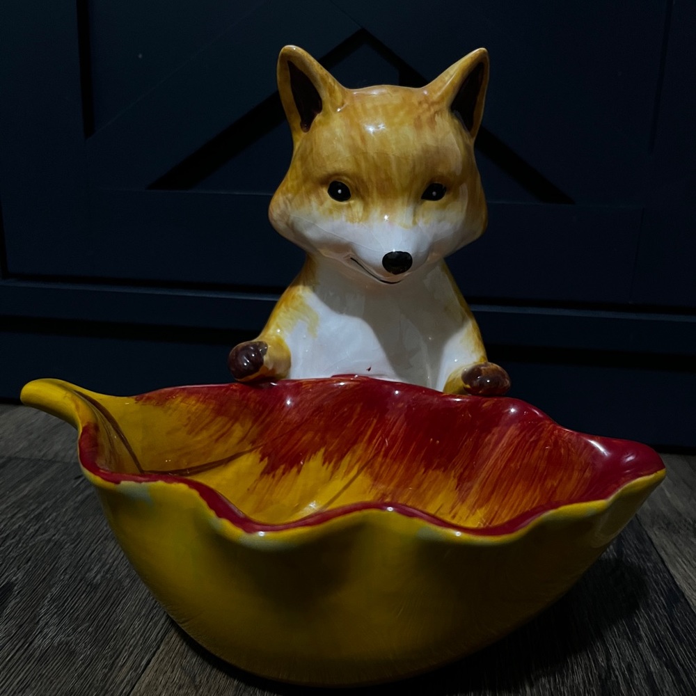 Home Accents Fox and Leaf Bowl Figurine Orange Red Brown White Black